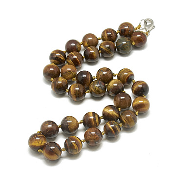 Natural Tiger Eye Beaded Necklaces, with Alloy Lobster Clasps, Round, 18.8 inch~19.2  inch(48~49cm), round: 10mm