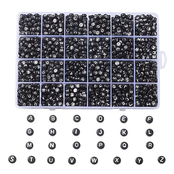 Opaque Acrylic Beads, Horizontal Hole, Alphabet Style, Flat Round, Letter A~Z, 7x4mm, Hole: 1.5mm, about 1776pcs/box