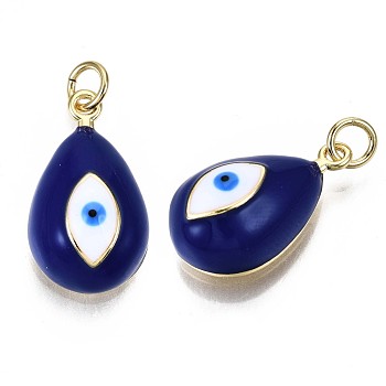 Real 16K Gold Plated Brass Enamel Pendants, with Jump Ring, Cadmium Free & Nickel Free & Lead Free, Teardrop with Evil Eye, Blue, 19~20x11x7~8mm, Jump Ring: 5x0.6mm, Inner Diameter: 3mm