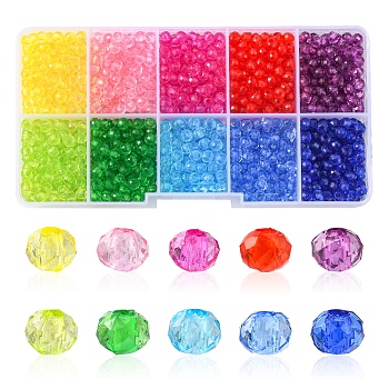 1680Pcs 10 Colors Transparent Acrylic Beads, Faceted, Rondelle, Mixed Color, 4x3.5mm, Hole: 1.5mm, about 168pcs/color