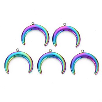 201 Stainless Steel Pendants, Double Horn/Crescent Moon Pendant, Moon, Rainbow Color, 21x23.5x3.5mm, Hole: 1.4mm
