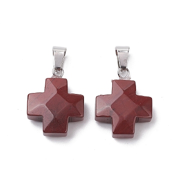 Natural Red Rainbow Jasper Pendants, Cross Charms with Stainless Steel Color Plated Stainless Steel Snap on Bails, 20~20.5x15.5~16.5x6~7mm, Hole: 7x4.5mm
