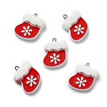Opaque Resin Pendants, with Platinum Tone Iron Loops, Christmas Sock with Snowflake Pattern, Red, 24x18.5x4.5mm, Hole: 2mm