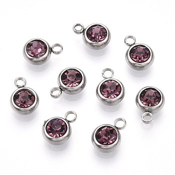 201 Stainless Steel Rhinestone Charms, Flat Round, Amethyst, 8.5x6x3mm, Hole: 1.5mm