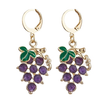 Grape Alloy Enamel Leverback Earrings, Golden, Purple, 43x18mm