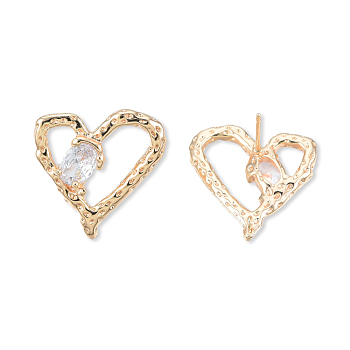 Clear Cubic Zirconia Heart Stud Earrings, Brass Jewelry for Women, Cadmium Free & Nickel Free & Lead Free, Real 18K Gold Plated, 19.5x20mm, Pin: 0.7mm