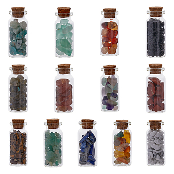 13Pcs 13 Style Transparent Glass Wishing Bottle Decoration, with Natural Gemstone Drift Chips inside, for Home Decor, 21.7x51.5~53.5mm, 1pc/style