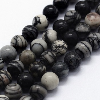 Natural Black Silk Stone/Netstone Beads Strands, Round, 12mm, Hole: 1.2mm, about 32pcs/strand,  14.76 inch(37.5cm)