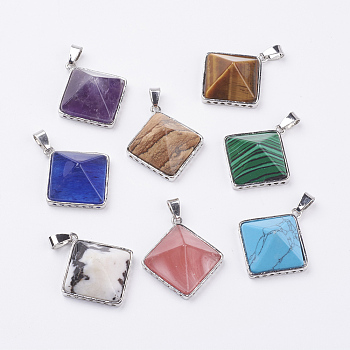 Natural & Synthetic Mixed Stone Pendants, with Brass Finding, Pyramid, Platinum, 28.5x32x13mm, Hole: 3.5x6mm
