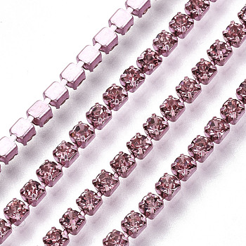 Electrophoresis Iron Rhinestone Strass Chains, Rhinestone Cup Chains, with Spool, Light Rose, SS6.5, 2~2.1mm, about 10yards/roll