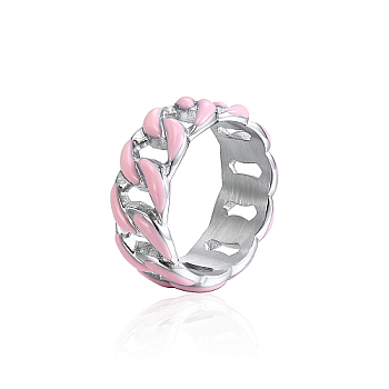 Stainless Steel Enamel Curb Chains Finger Rings, Pearl Pink, US Size 8(18.1mm)