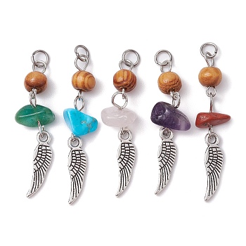 5Pcs 5 Styles Natural Mixed Gemstone Chip Pendants with Wood Beads, Tibetan Style Alloy Wing Charms, Antique Silver, 40mm, 1pc/style
