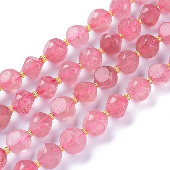 Natural Strawberry Quartz Beads Strands, with Seed Beads, Six Sided Celestial Dice, 10~10.5x10~10.5mm, Hole: 1mm, about 32~35pcs/strand, 15.55~15.74inch(39.5~40cm)