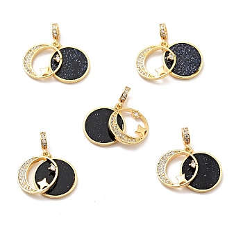 Synthetic Blue Goldstone Clear Cubic Zirconia Pendants, with Rack Plating Brass Findings, Long-Lasting Plated, Lead Free & Cadmium Free & Nickel Free, Flat Round with Moon, Real 18K Gold Plated, 21mm, Hole: 2mm, Flat Round: 14x13x1.5mm