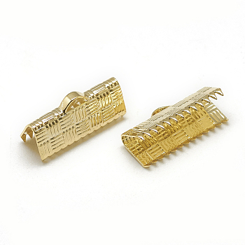 Brass Ribbon Crimp Ends, Rectangle, Real 18K Gold Plated, 8x20mm, Hole: 1x3mm