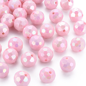 Opaque Acrylic Beads, Faceted, Dyed, AB Color, Round, Pink, 12x11.5mm, Hole: 1.8mm, about 560pcs/500g