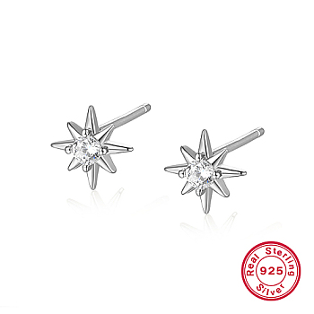Rhodium Plated Sterling Silver Stud Earrings for Women, Star, Platinum, 7.2mm