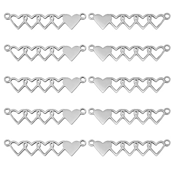 10Pcs Stainless Steel Connector Charms, 5 Hearts Links, Stainless Steel Color, 40x8.5mm, Hole: 1.5mm, 10pcs/box