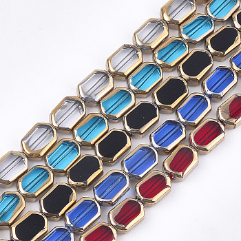 Electroplate Glass Beads Strands, Edge Plated, Rectangle, Mixed Color, 9~9.5x6~6.5x3.5mm, Hole: 1mm, about 28pcs/strand, 10.6 inch