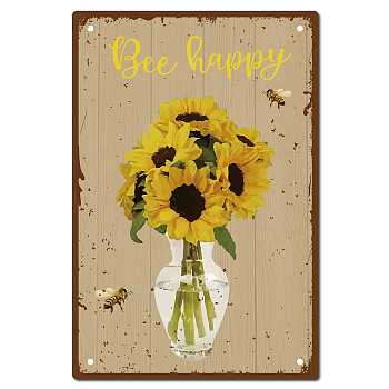 Iron Sign Posters, for Home Wall Decoration, Rectangle with Word Bee Happy, Sunflower Pattern, 300x200x0.5mm