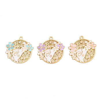 Rack Plating Alloy Enamel Pendants, Golden, Flat Round with Cat & Flower Charm, Mixed Color, 28x29x1.5mm, Hole: 2mm