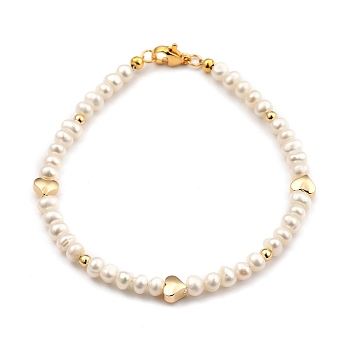 Natural Cultured Freshwater Pearl Beaded Bracelets, with Brass Beads and 304 Stainless Steel Lobster Claw Clasps, Heart, Golden, 19.2cm(7-1/2 inch)