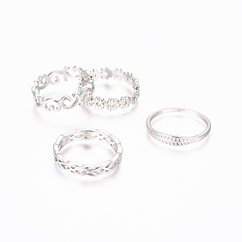 Brass Stackable Finger Ring Sets, Mixed Style, Platinum, Size 8, 18mm, 4pcs/set