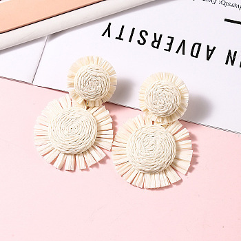 Bohemian Style Raffia Dangle Stud Earrings, Flower, White, 70x45mm