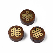 Natural Rosewood Undyed Beads, with Chinese Knot Shape Raw(Unplated) Brass Slices, Flat Round, Saddle Brown, 15x7mm, Hole: 1.8mm(WOOD-N013-026)