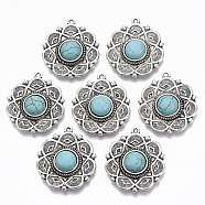Tibetan Style Alloy Pendants, with Synthetic Turquoise, Cadmium Free & Lead Free, Flower, Antique Silver, 35x31x8mm, Hole: 1.6mm(PALLOY-R113-002-RS)