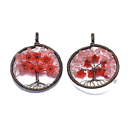 Cherry Quartz Glass Pendants, with Acrylic and Brass Findings, Flat Round with Tree of Life, 59x47~47.5x9.5~10mm, Hole: 4mm(G-E529-A03)