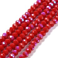 Electroplate Opaque Solid Color Glass Beads Strands, Half Rainbow Plated, Faceted, Rondelle, Dark Red, 8x6mm, Hole: 1mm, about 63~65pcs/strand, 39~40cm(EGLA-A034-P8mm-L04)