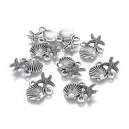 Tibetan Style Alloy Links connectors, Ocean Theme, Lead Free & Nickel Free & Cadmium Free, Starfish/Sea Stars and Scallop Shell Shape, Thailand Sterling Silver Plated, 18x13.5x2.5mm, Hole: 1.5mm(X-TIBE-A008-010TAS-NR)