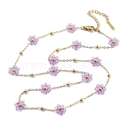 Glass Flower Link Chain Necklaces, 316 Surgical Stainless Steel Jewelry for Women, Real 18K Gold Plated, Lilac, 21.30 inch(54.1cm)(NJEW-H041-04G-01)