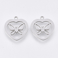 201 Stainless Steel Pendants, Laser Cut Pendants, Heart with Butterfly, Stainless Steel Color, 17.5x15.5x1mm, Hole: 1.4mm(STAS-T044-94P)