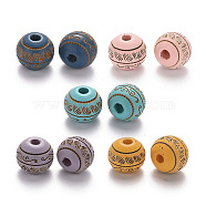 Painted Natural Wood Beads, Laser Engraved Pattern, Round with Leave Pattern, Mixed Color, 10x9mm, Hole: 2.5mm(X-WOOD-N006-02A-M)