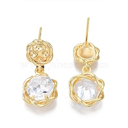 Clear Cubic Zirconia Lotus Flower Dangle Stud Earrings, Brass Jewelry for Women, Nickel Free, Real 18K Gold Plated, 22mm, Pin: 0.7mm(EJEW-N014-25)