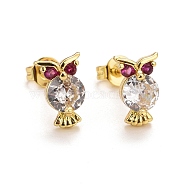 Rack Plating Brass Micro Pave Cubic Zirconia Stud Earrings, Long-Lasting Real 18K Gold Plated, Lead Free & Cadmium Free, Owl, Magenta, 9.5x6mm, Pin: 0.7mm(EJEW-F278-01B-G)
