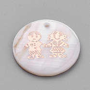 Freshwater Shell Pendants, with Iron Findings, Flat Round with Boy and Girl, Rose Gold, Seashell Color, 18x3~4mm, Hole: 1mm(SHEL-S269-57)