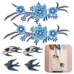 WADORN 6Pcs 4 Style Swallow & Flower Computerized Embroidery Iron on/Sew on Patches, Chinese Style Appliques, Mixed Color, 46~120x72~345x1.5~3mm(PATC-WR0001-02)