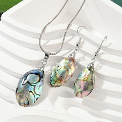 Abalone Shell/Paua Shell Jewelry Sets, Teardrop Earrings and Pendant Necklaces, with Platinum Plated Brass Ear Hook and Lobster Claw Clasps, 17.3 inch, 50mm, pin: 0.8mm(SJEW-E032-02)