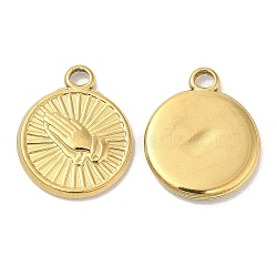 Ion Plating(IP) 304 Stainless Steel Pendants, Flat Round with Praying Hands Charm, Real 18K Gold Plated, 19x16x2mm, Hole: 2mm(STAS-L020-006G)