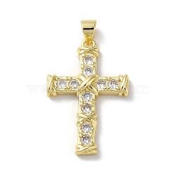 Brass Micro Pave Cubic Zirconia Pendants, Cross, Real 18K Gold Plated, 29x19x3.5mm, Hole: 4x3.5mm(KK-A212-07D-G)