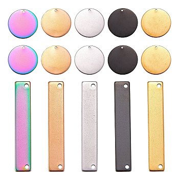 20Pcs 10 Style 304 Stainless Steel Flat Round Pendants & Rectangle Connector Charms, Mixed Color, 25x1mm, Hole: 1.4mm, 35x6x1mm, Hole: 1.5mm, 2pcs/style