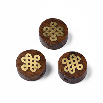 Natural Rosewood Undyed Beads, with Chinese Knot Shape Raw(Unplated) Brass Slices, Flat Round, Saddle Brown, 15x7mm, Hole: 1.8mm