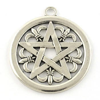 Tibetan Style Alloy Pendants, Cadmium Free & Lead Free, Pentagram Star, Antique Silver, 47x41.5x2mm, Hole: 4mm