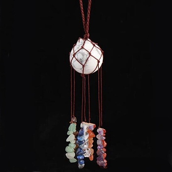 Round Natural Howlite Pouch Pendant Decorations, Braided Thread and Gemstone Chip Tassel Hanging Ornaments, 210x30mm