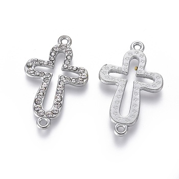 Alloy Links connectors, Cadmium Free & Lead Free, with Middle East Rhinestone, Cross, Platinum Color, 40x24mm, Hole: 2mm