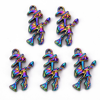 Alloy Pendants, Cadmium Free & Nickel Free & Lead Free, for Halloween, Witch, Rainbow Color, 25x13.5x3mm, Hole: 1.6mm