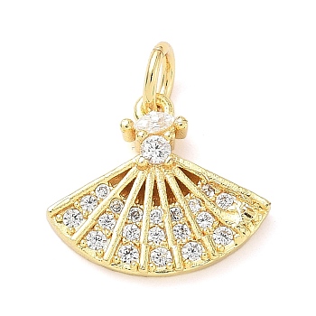 Brass Micro Pave Cubic Zirconia Pendants, Fan Charms, with Jump Ring, Real 18K Gold Plated, 16x14.5x2.5mm, Hole: 3mm